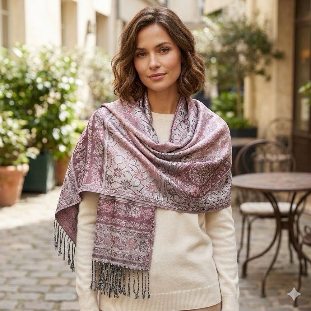Silver Parrot Pashmina Silk Blend Pink Silver Paisley Floral Women’s Scarf NWT